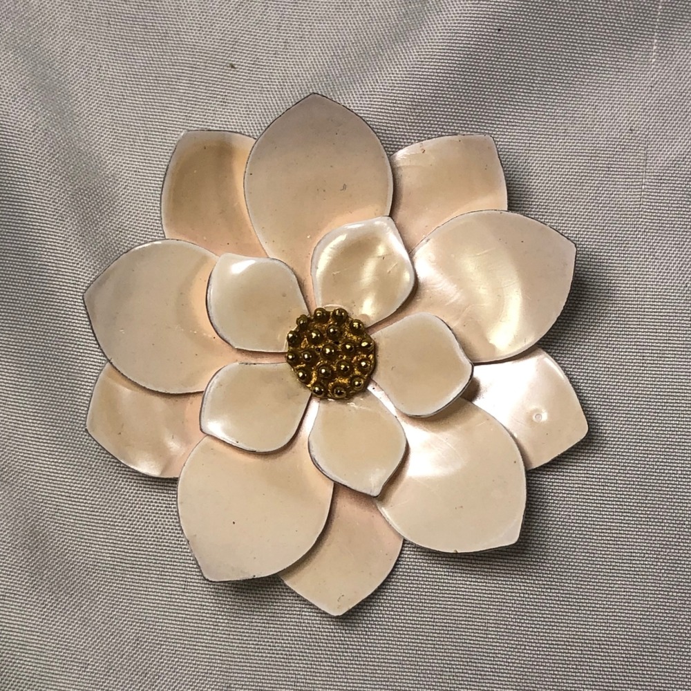 Vintage Enamel Flower Brooch Peach Pink Layered Petal Gold Tone Center Pin